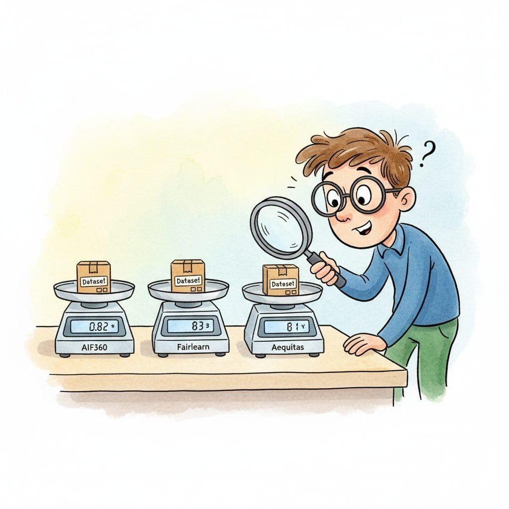 Three small cartoon kitchen scales sit on a counter, each labelled AIF360, Fairlearn, and Aequitas, all weighing the same little package labelled Dataset but showing slightly different readouts of 0.82, 0.83, and 0.81, while a confused engineer leans in with a magnifying glass.