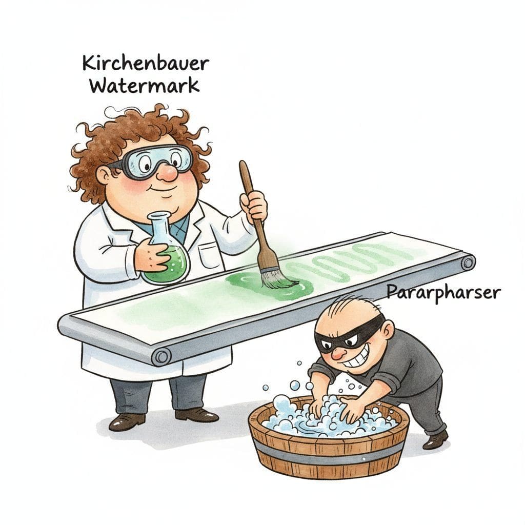 A cartoon scientist labelled Kirchenbauer Watermark stamps a green tint onto a passing sheet of paper; downstream, a small forger character labelled Paraphraser scrubs the same paper in a wash basin, but a faint green dye still clings to it.