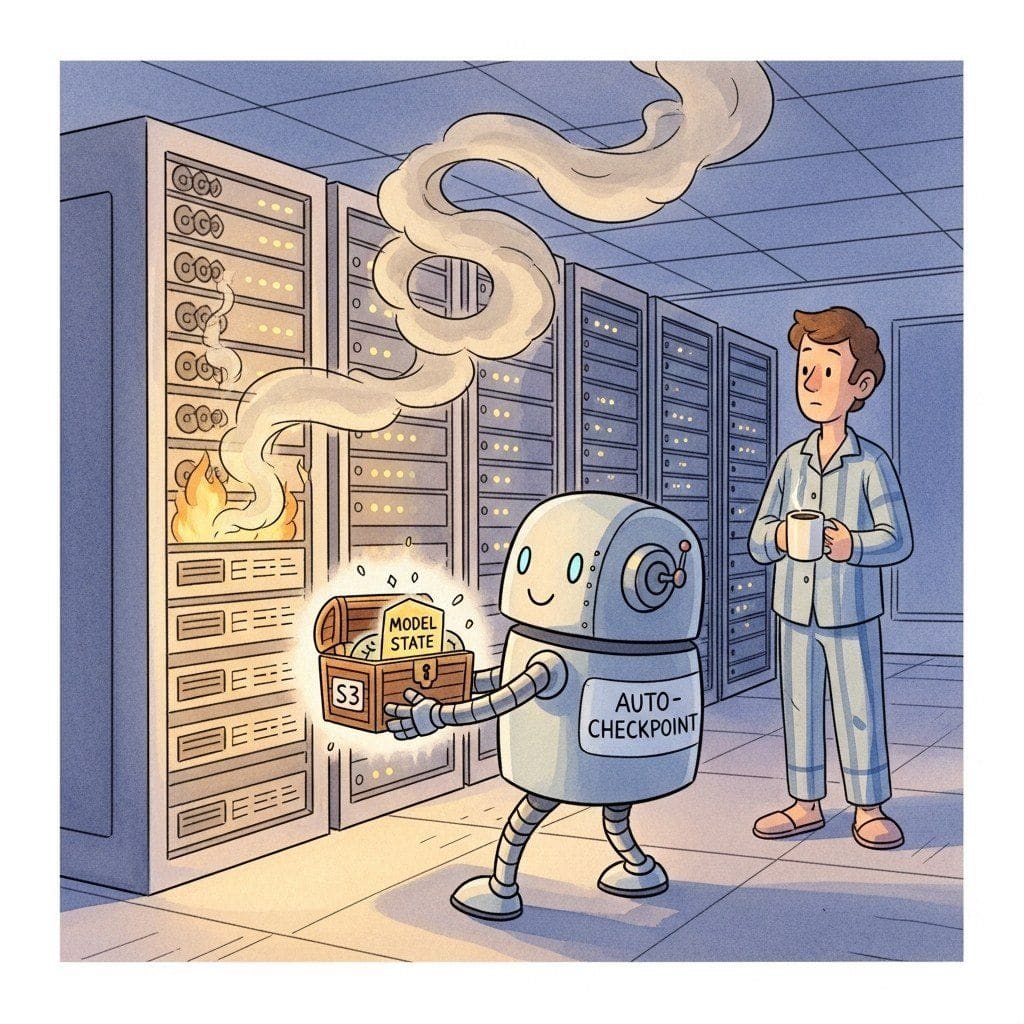 A training-cluster scene at 3am. One GPU server smokes. A robot labelled auto-checkpoint carries the model state in a treasure chest labelled S3 to safety. The on-call engineer watches in pajamas with coffee.