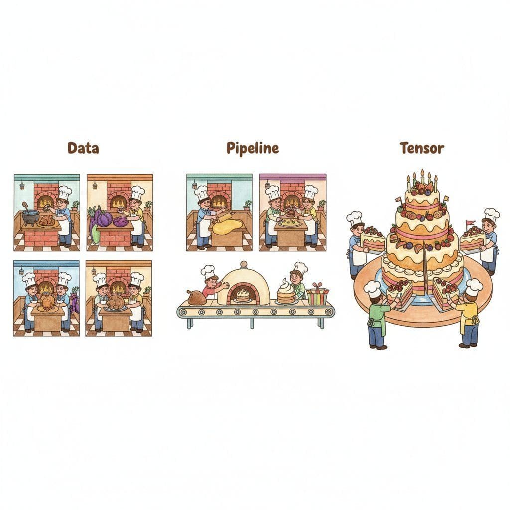 Three cartoon panels: in the first, four identical chefs cook the same recipe in four identical kitchens (data parallel); in the second, bakers on an assembly line pass dough through bake, frost, and box stages in sequence (pipeline parallel); in the third, four bakers cut and decorate wedges of one giant cake on a turntable at the same time (tensor parallel).