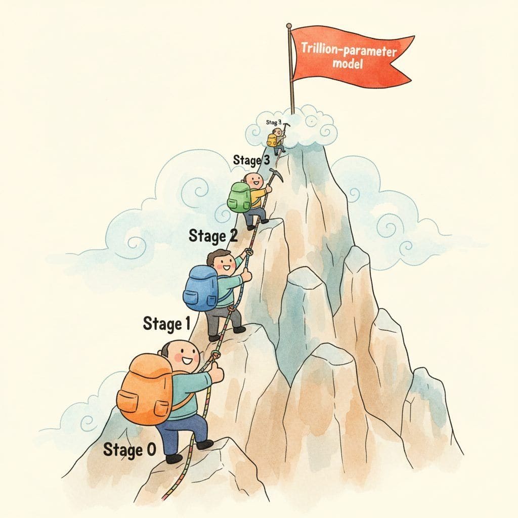 A vertical mountain-climbing scene with four cartoon climbers ascending, labelled Stage 0, Stage 1, Stage 2, and Stage 3, each carrying a noticeably smaller backpack than the climber below, with the summit flag labelled Trillion-parameter model.