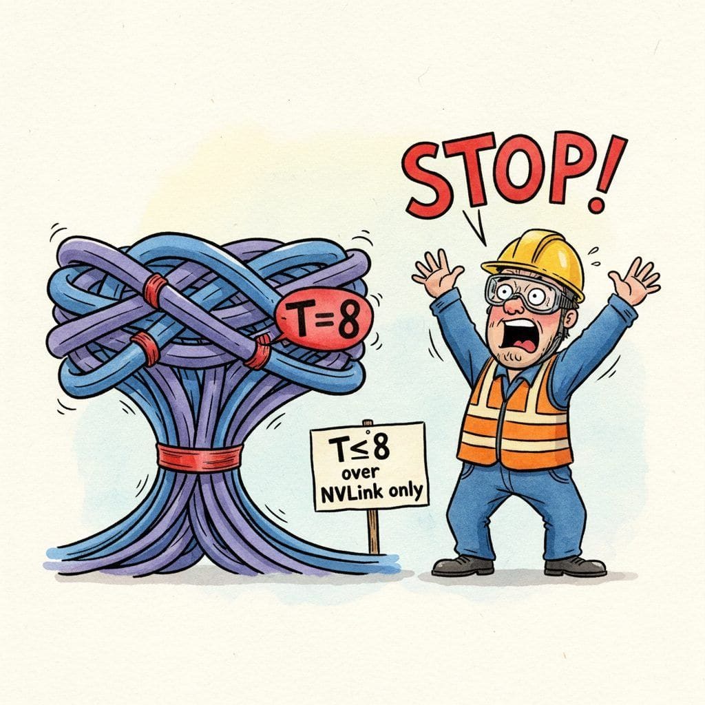 A bundle of InfiniBand cables visibly strained and glowing red at the breaking point, with a sign reading T=8 attached, while a nervous operator in a hard hat shouts STOP next to another small sign that reads T=8 over NVLink only.