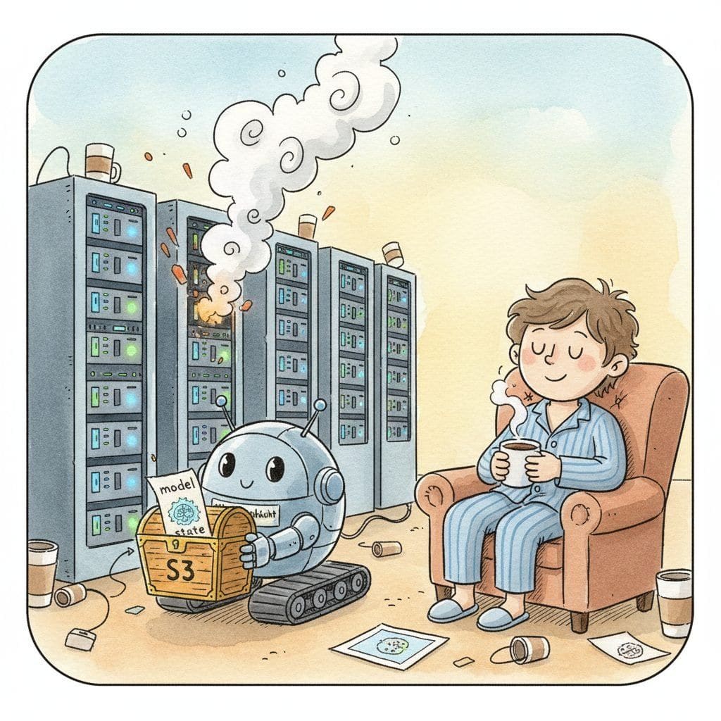 A cartoon training cluster at 3am: one GPU is smoking and on fire, while a small robot labelled auto-checkpoint calmly carries the model state to safety inside a treasure chest labelled S3, and the on-call engineer in pyjamas watches unworried with a coffee mug.