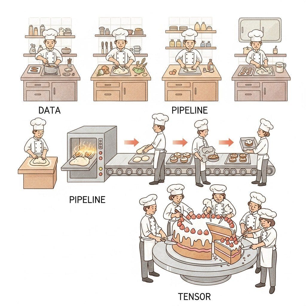 Three panels showing assembly-line workers in identical kitchens, then a serial pipeline of bakers, then a single big shared oven, representing data-parallel, pipeline-parallel, and tensor-parallel execution