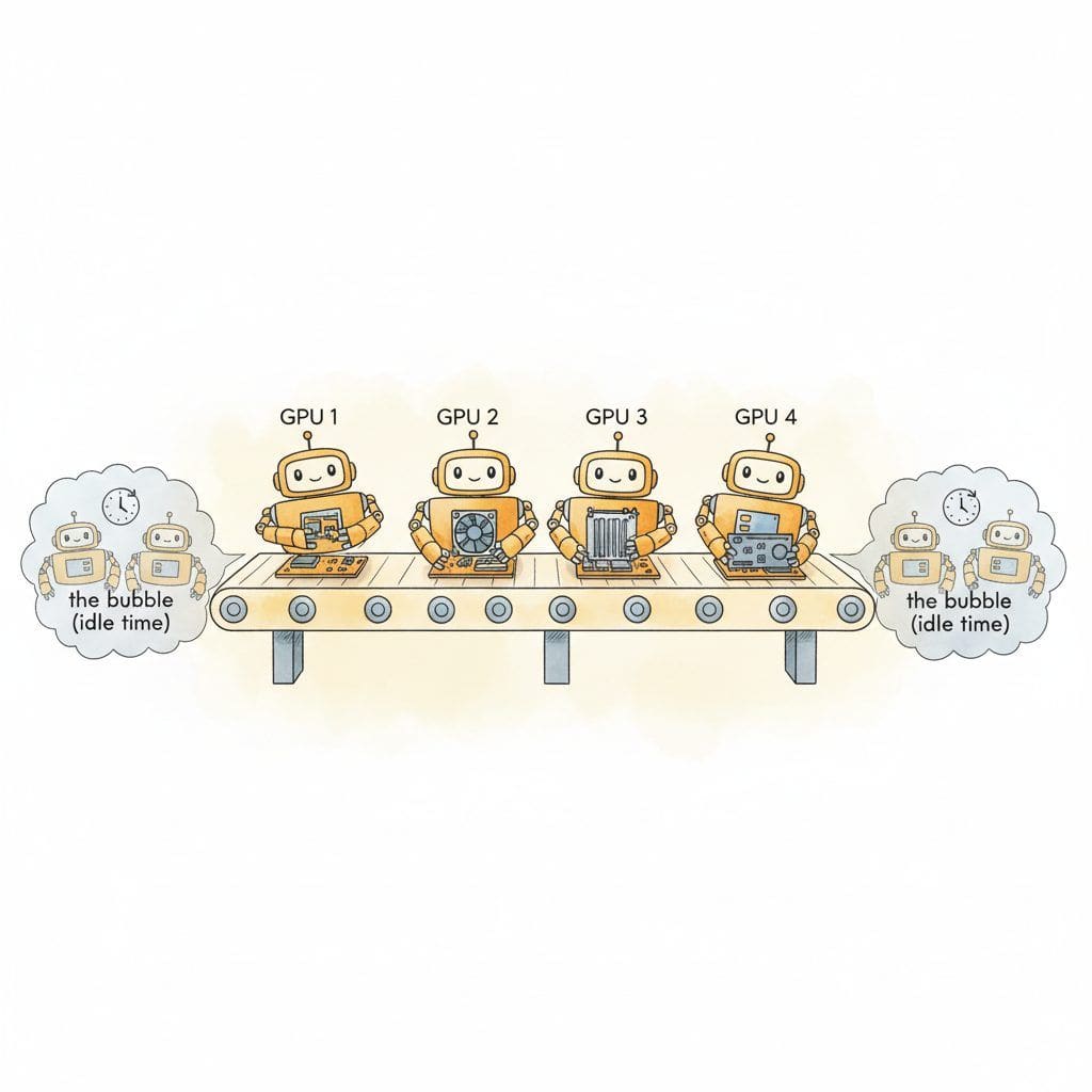 Assembly-line cartoon: four robot workers labeled GPU 1 to GPU 4 pass micro-batches down a conveyor; idle robots at each end sit in clouds labeled 'the bubble (idle time)'.