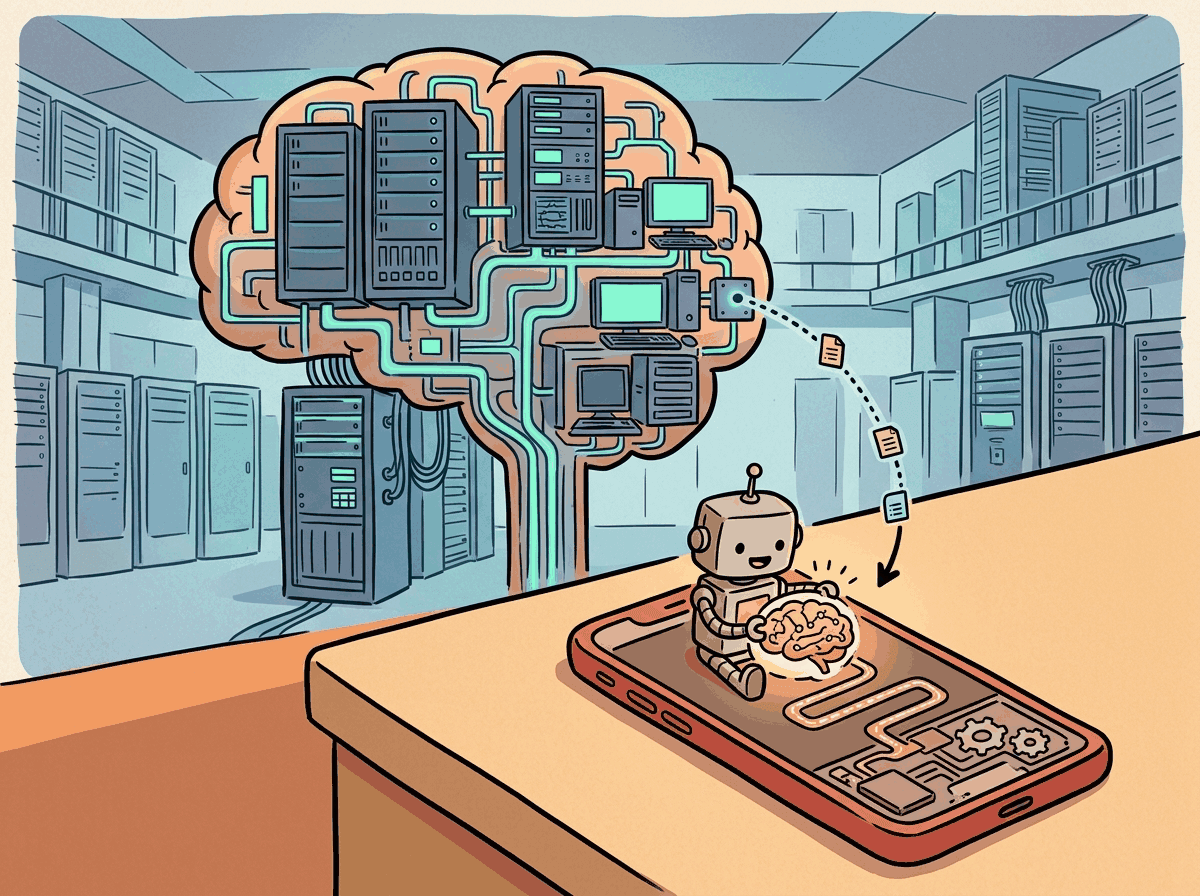A tiny cartoon robot sitting on a smartphone, running a miniaturized version of a large brain that has been compressed to fit inside the small device, with the large original brain visible in the background inside a data center.