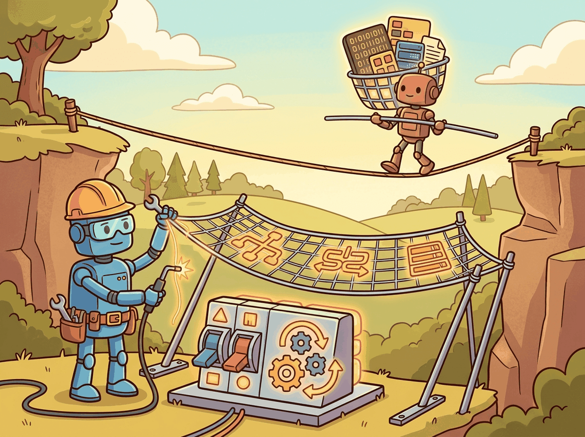 A cartoon robot engineer building a safety net underneath a tightrope while another robot carefully walks the tightrope carrying a production workload.