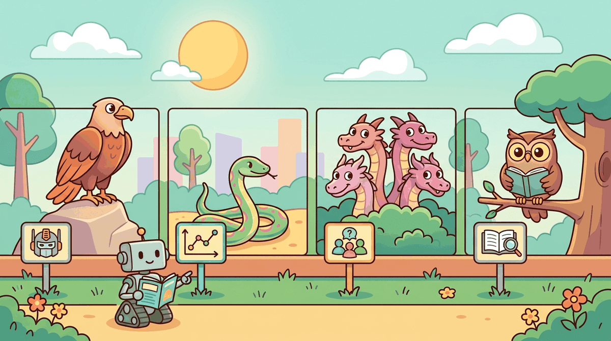 A zoo where each enclosure holds a different cartoon creature representing an architecture: a majestic eagle (transformer), a sleek snake (Mamba SSM).