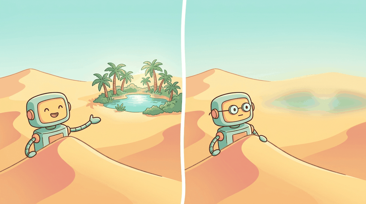A desert scene split into two panels: in one a robot finds a real oasis at a scale threshold, in the other the oasis is revealed as a mirage that resolves into a smooth gradient when the robot puts on special measurement glasses