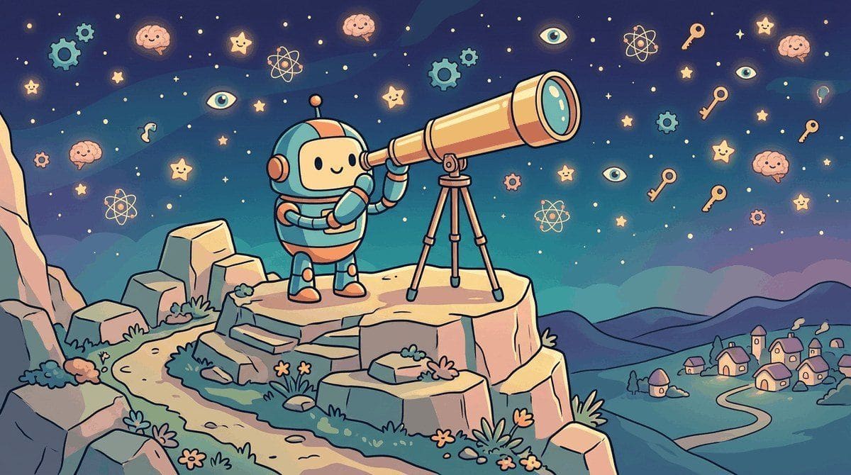A friendly robot scientist standing on a mountain peak, looking through a giant telescope at a starry sky where each star is a different shape representing a frontier research topic, with a winding path behind showing how far AI research has climbed