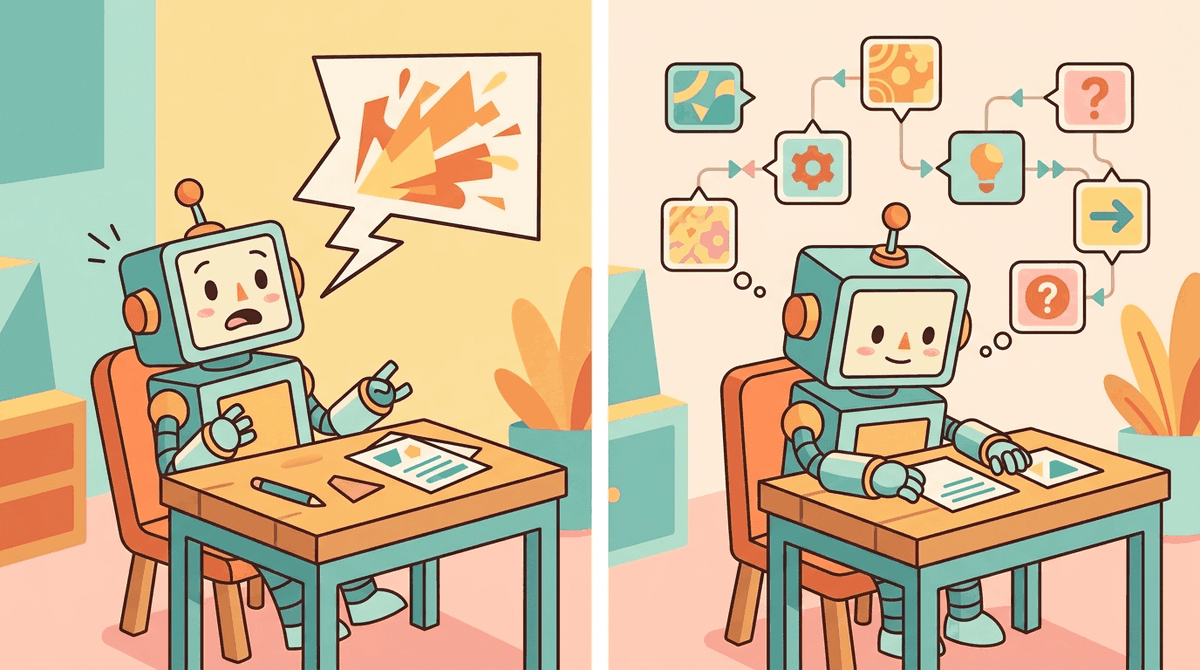 Two panels showing the same robot facing a problem: in the left panel the robot blurts an instant wrong answer with a lightning bolt.