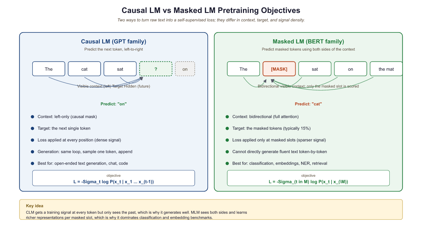 CLM sees left context, trains every token; MLM sees full context, trains only masked