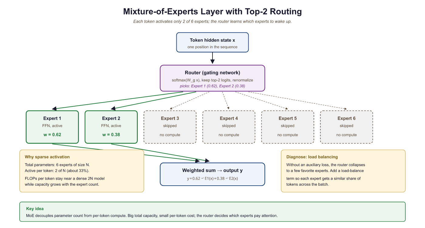 Figure 6.3.5a: An MoE layer with 6 experts and top-2 routing. The router assig...