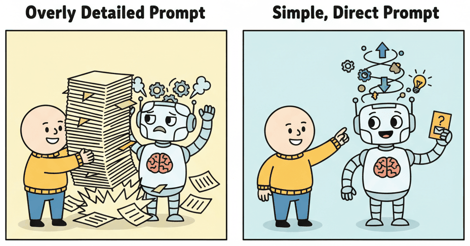 Two panels contrasting prompting approaches: on the left a human overwhelms a capable robot with a thick instruction manual.