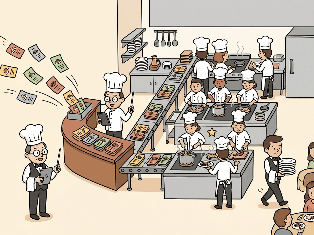 A restaurant kitchen metaphor for the LLM serving stack with load balancers as hosts, inference engines as chefs, and APIs as waiters