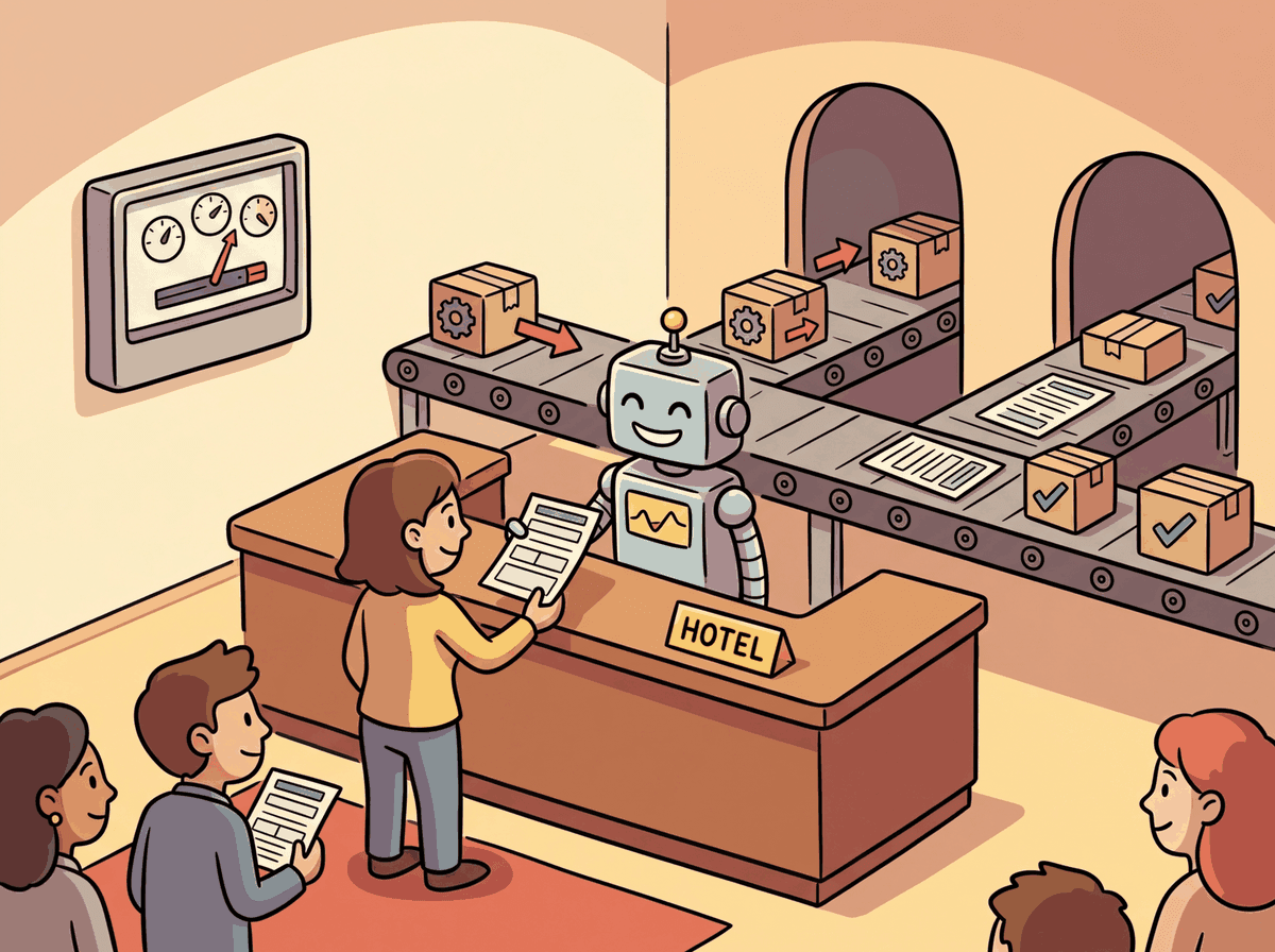 An API depicted as a hotel receptionist handling requests, managing rooms (models), and processing check-ins (prompts)