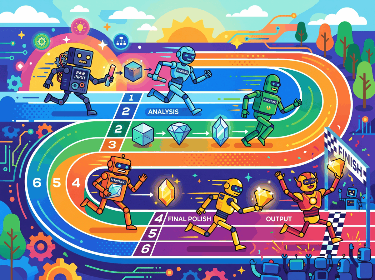 A relay race where each runner (prompt step) passes a baton (context) to the next, showing prompt chaining