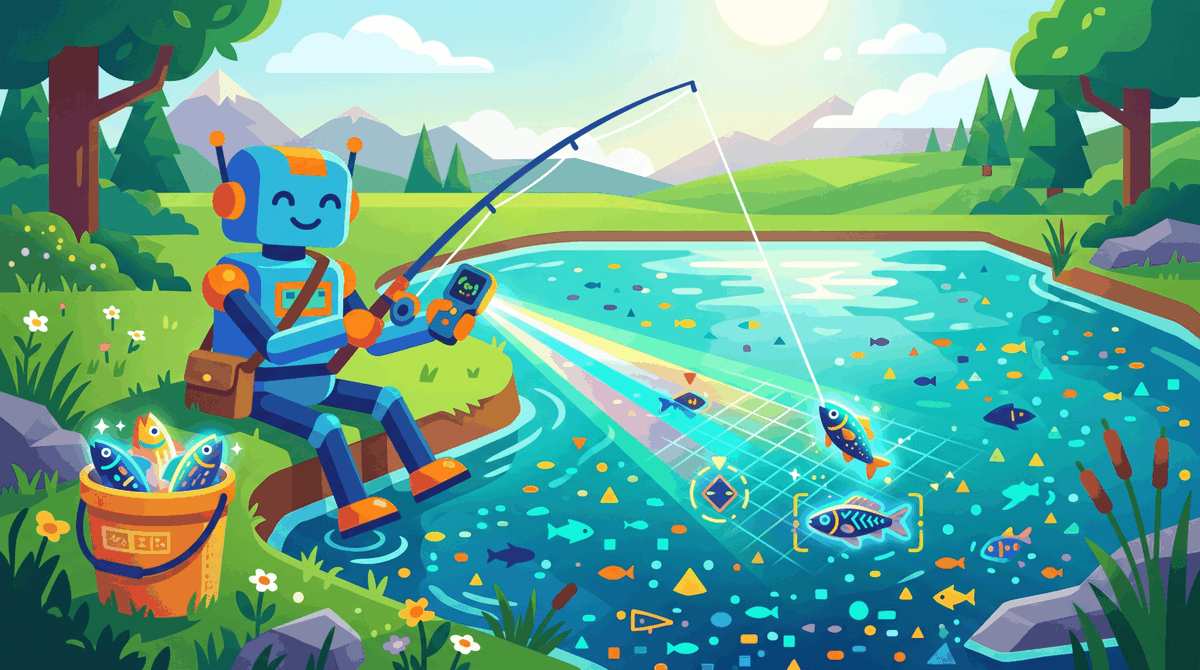 A fisherman carefully selecting which fish to catch from a sea of data points, choosing the most informative ones