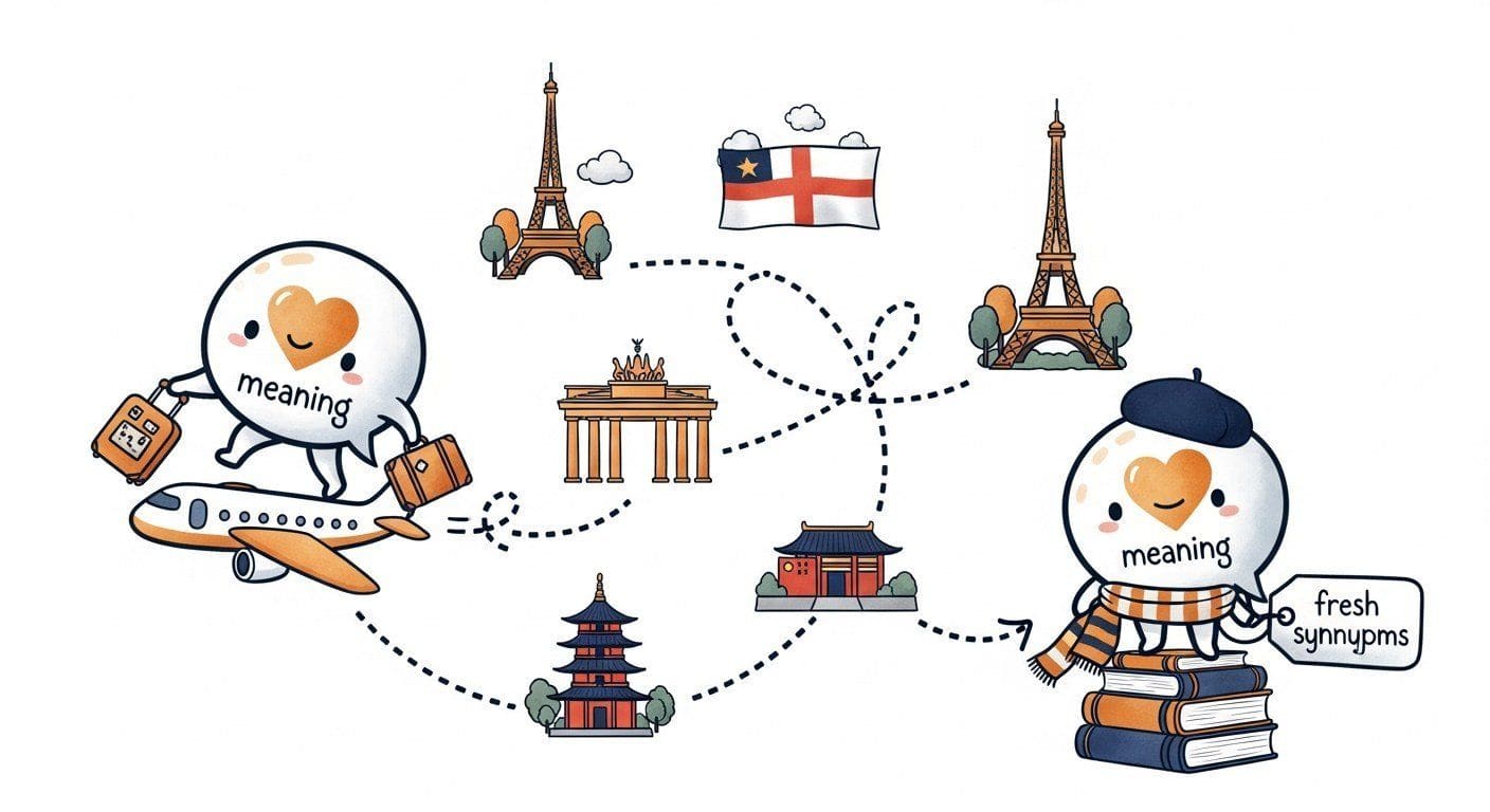 A cartoon sentence holding a tiny suitcase travels by airplane from English to French to German to Chinese and back, returning home as the same meaning but with a fresh new outfit of synonyms