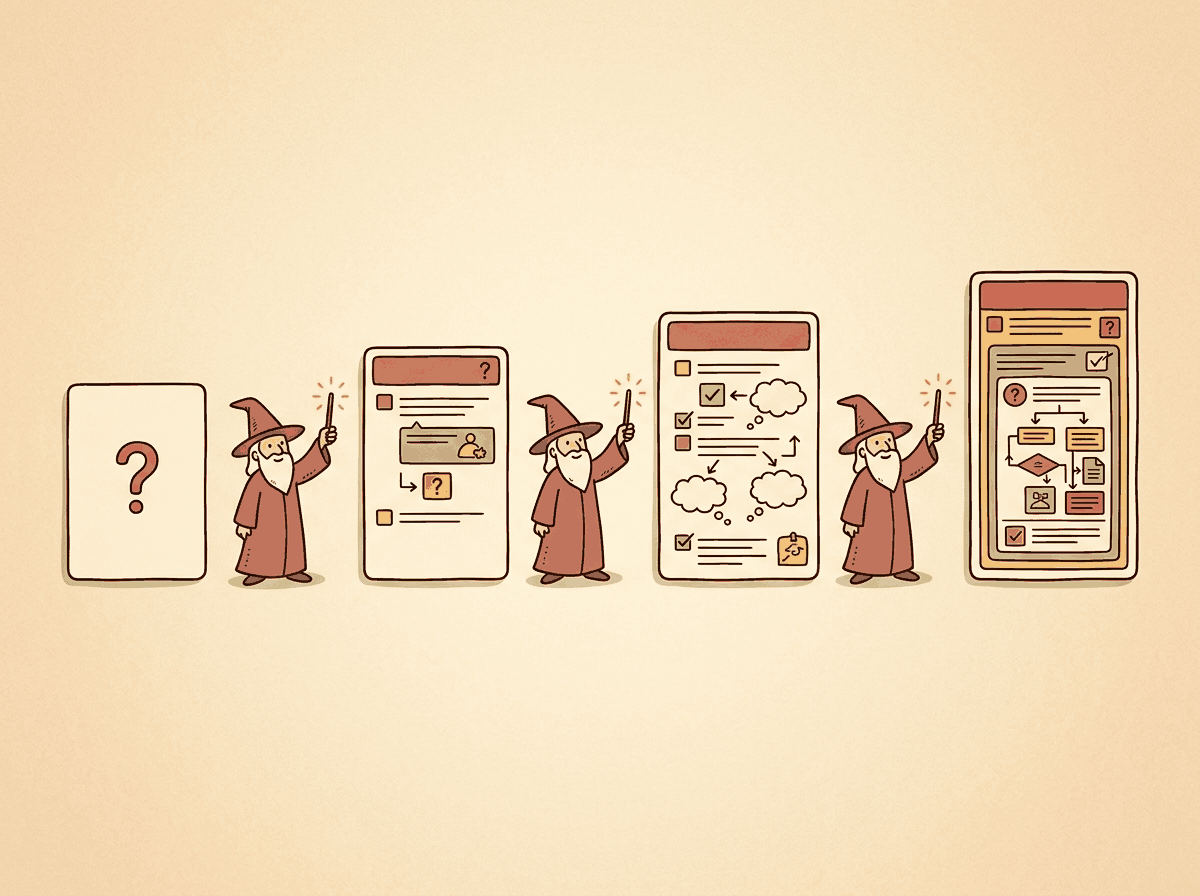 Instructions evolving from simple to complex forms, depicted as wizards with wands progressively transforming a question-mark prompt into more elaborate document and form layouts