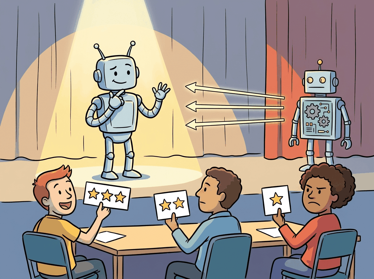 A talent show where a model performs responses and human judges score them, representing RLHF's reward modeling