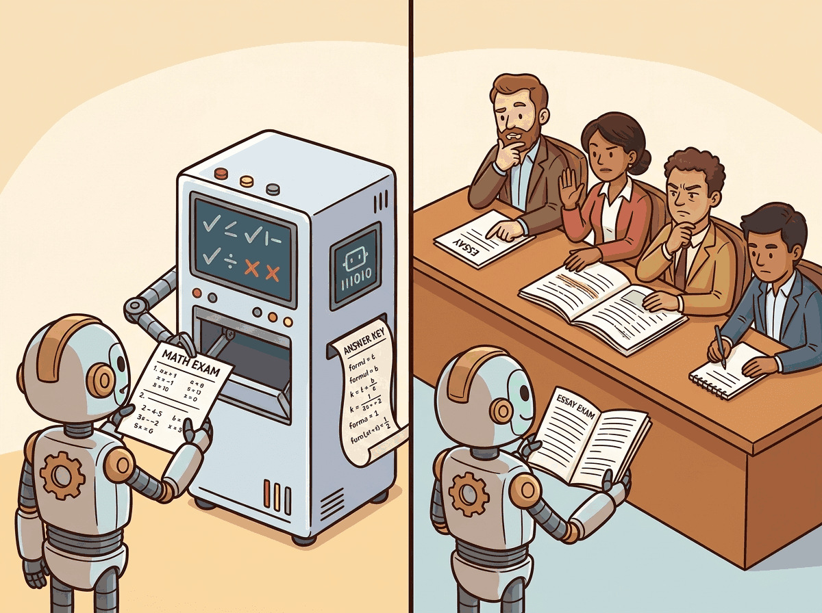 Two cartoon panels contrasting RLVR with RLHF. Left panel (RLVR): a robot feeds a paper labelled MATH EXAM into an auto-grader machine that compares the answers against.