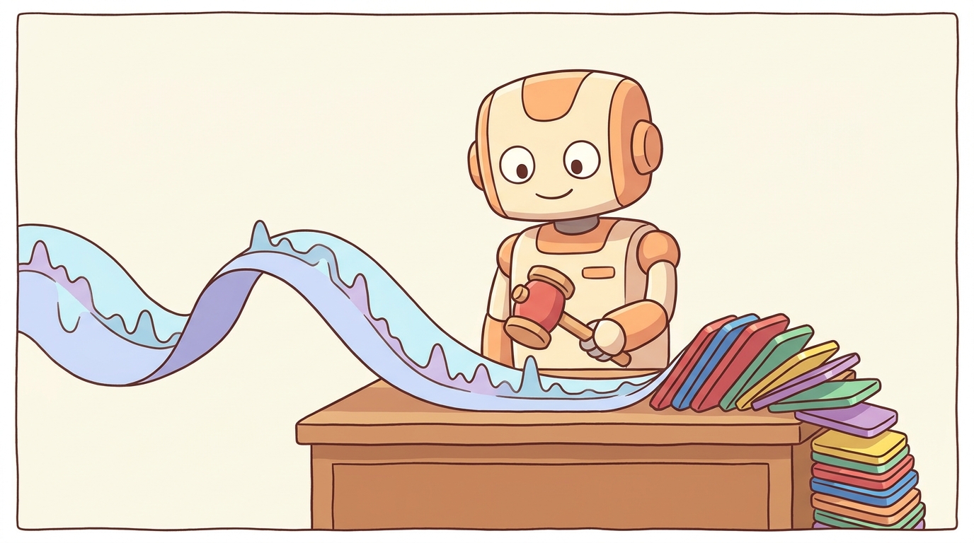A friendly cartoon translator robot stands at a desk turning a continuous flowing waveform on the left into a neat stack of differently colored token cards on the right, representing how RVQ codecs convert audio into discrete tokens