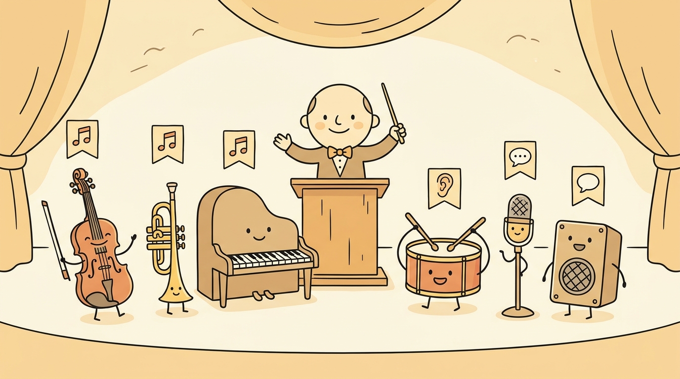 A friendly cartoon conductor stands at a podium in front of an orchestra of cheerful instruments, each with a small banner above showing a different audio task such as music generation, speech recognition, and sound classification