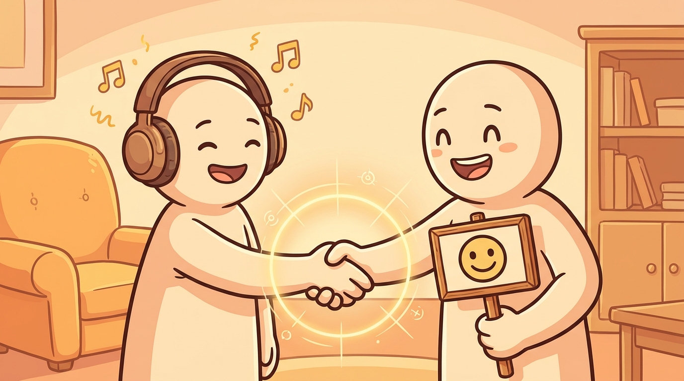 Two friendly cartoon avatars stand in a shared room shaking hands, one wearing large headphones with floating musical notes representing audio and the other holding a small text label sign with simple symbols, surrounded by a soft halo of light to show the shared embedding space they meet in