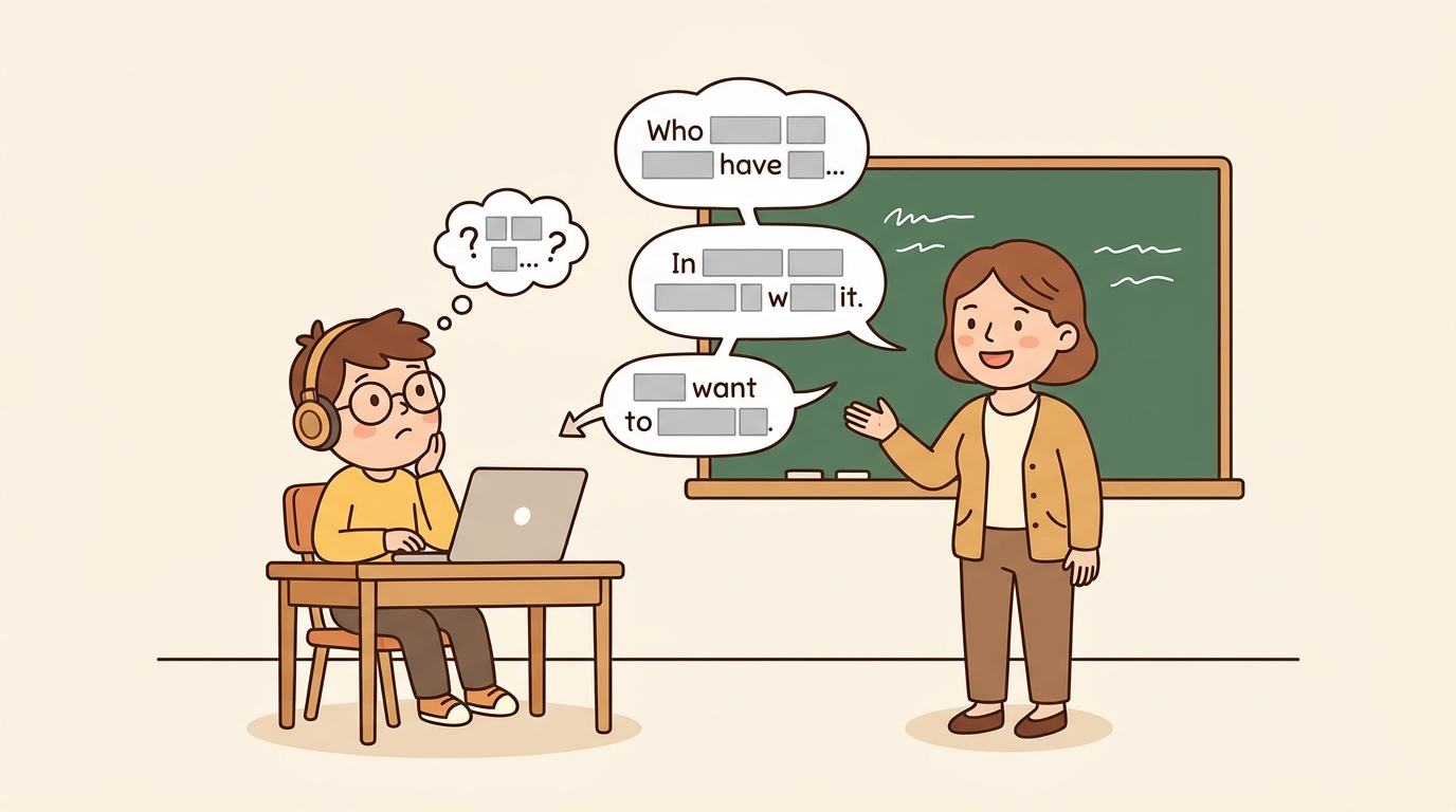 A cartoon student wearing headphones listens attentively to a cartoon teacher in front of a chalkboard, but several words in the teacher's speech bubbles are masked out with gray boxes and the student is making thoughtful guesses about the missing content