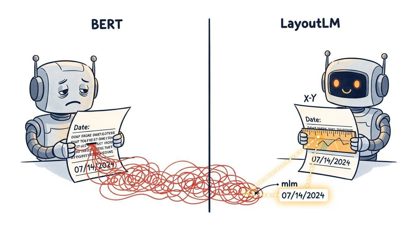 Split panel cartoon. Left panel shows a BERT robot reading a form left-to-right top-to-bottom, dragging a tangled red string between the word Date and the answer 07-14-2024 that is 50 tokens away. Right panel shows a LayoutLM robot using an X-Y treasure-map ruler to find them only millimetres apart on the page