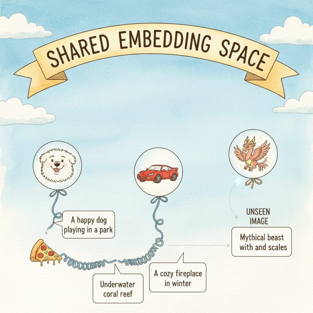 A shared embedding 'sky' where matching image and caption balloons drift together while mismatched pairs are pushed apart; an unseen image floats to its nearest caption.