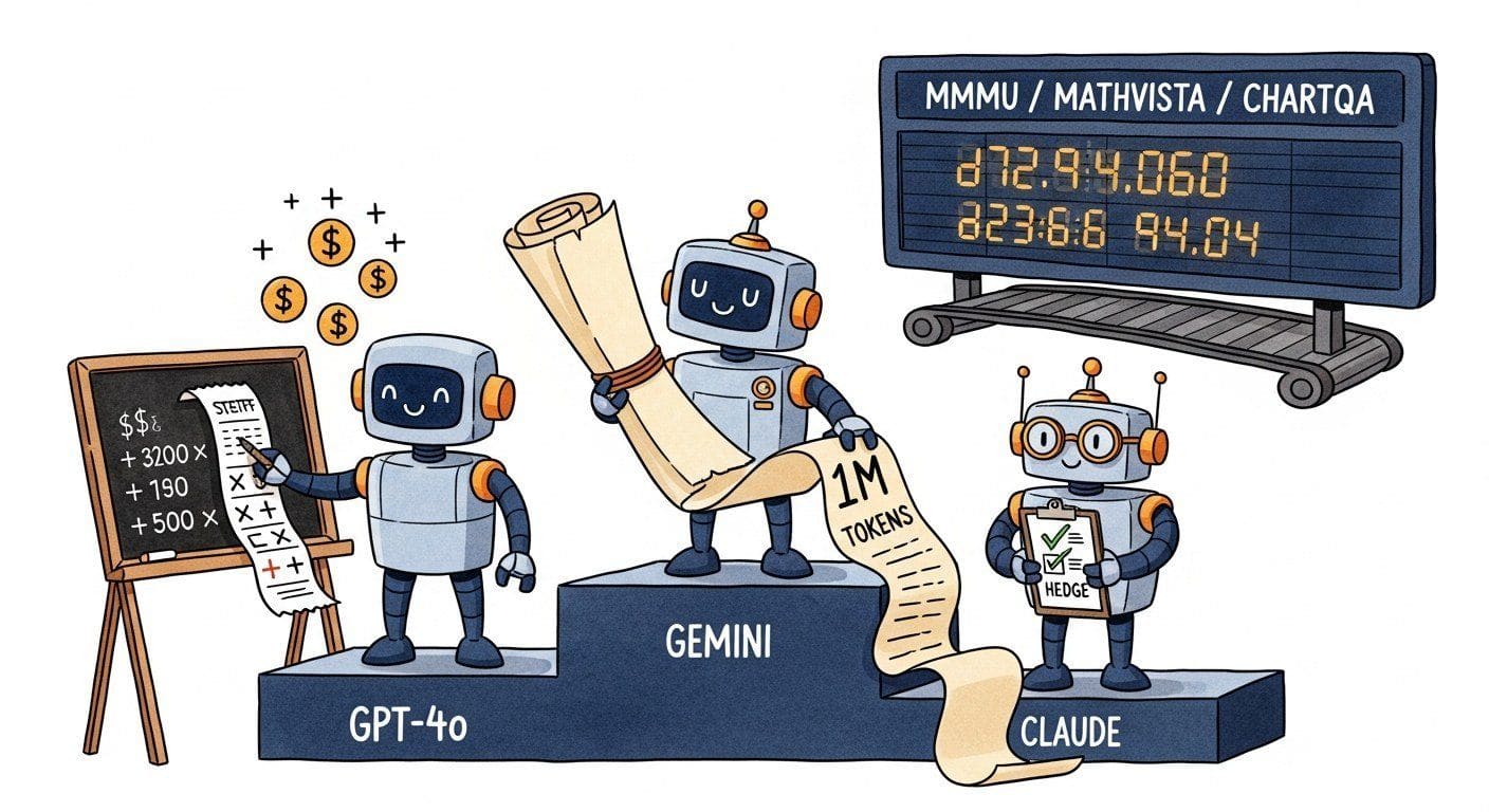 Three cartoon VLM robots standing on slightly different podiums in front of a treadmill leaderboard. GPT-4o is doing arithmetic on a chalkboard, Gemini holds an enormous scroll of context, Claude wears glasses and a tiny clipboard with the word hedging on it