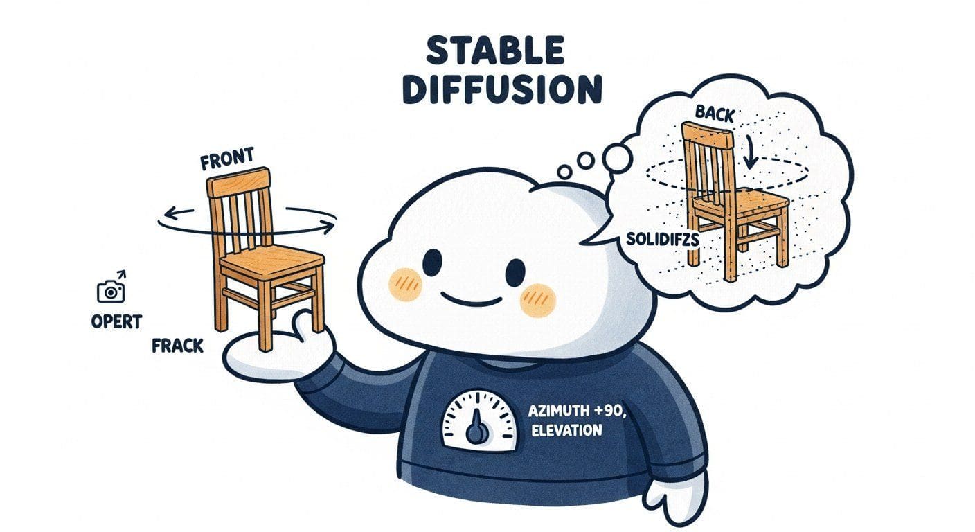A cartoon Stable Diffusion character holds the front view of a wooden chair in one hand and, with a tiny mental lightbulb, imagines the back of the chair which materialises in a thought bubble. A label reads camera delta plus 90 degrees azimuth