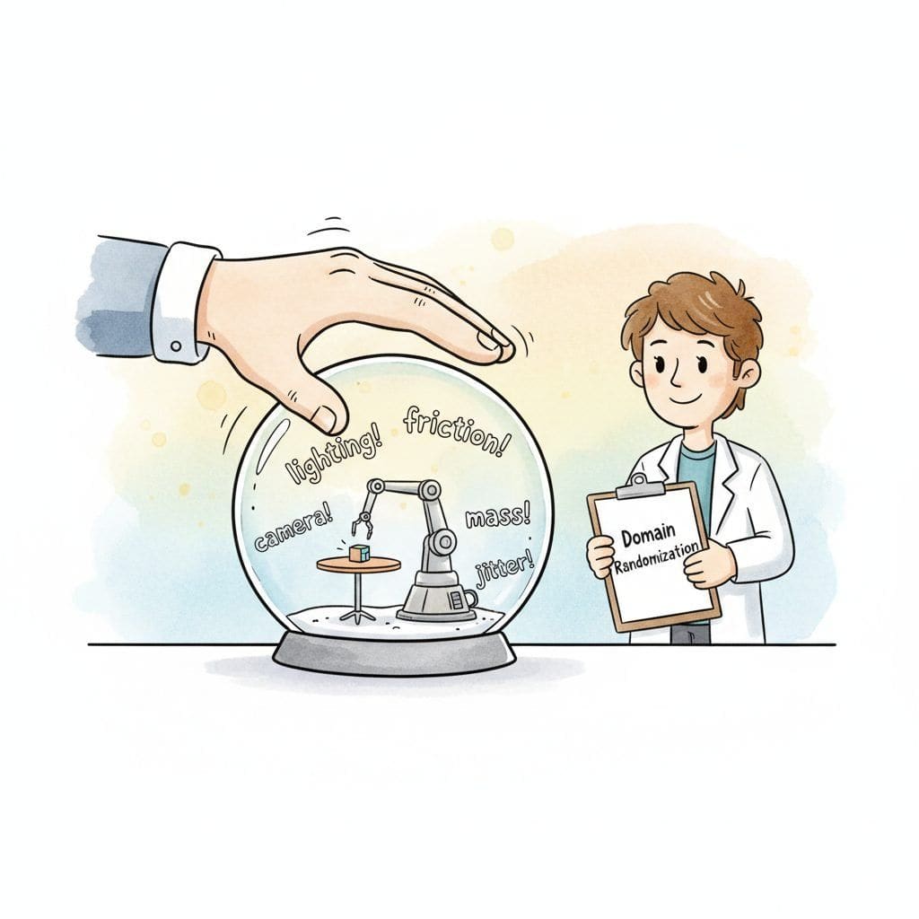 A giant hand vigorously shakes a snow globe that holds a tiny robot arm and table, with the words lighting, friction, mass, and camera_jitter swirling around inside while a calm researcher outside holds a clipboard labelled Domain Randomization.