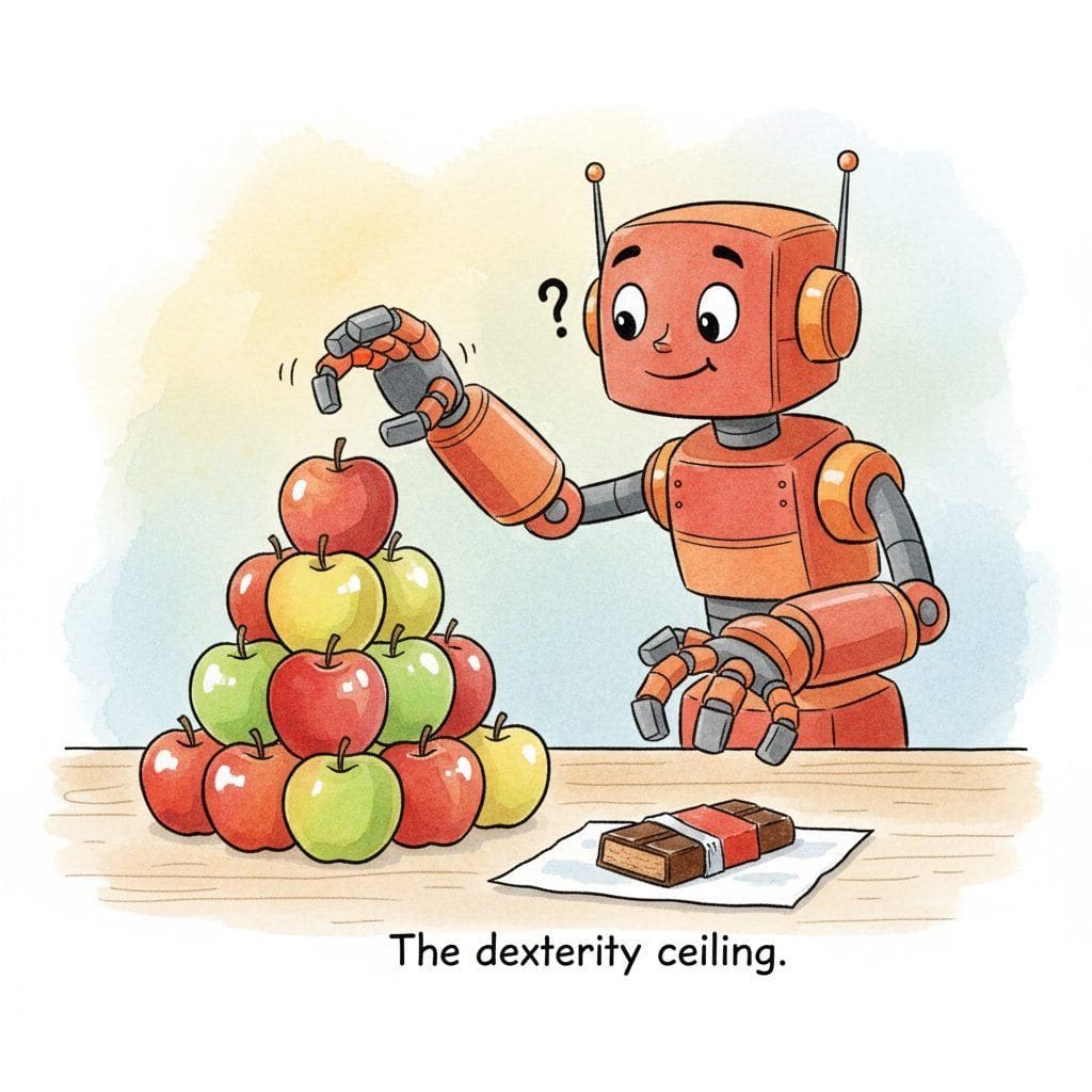 A friendly cartoon robot arm gleefully stacks apples into a neat pyramid, while its gripper hovers in confusion over a single candy bar lying on the table next to the bowl.