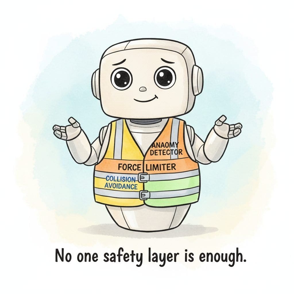 A sheepish-looking cartoon humanoid robot wears three nested safety vests, one inside the other, labelled COLLISION AVOIDANCE, FORCE LIMITER, and ANOMALY DETECTOR.