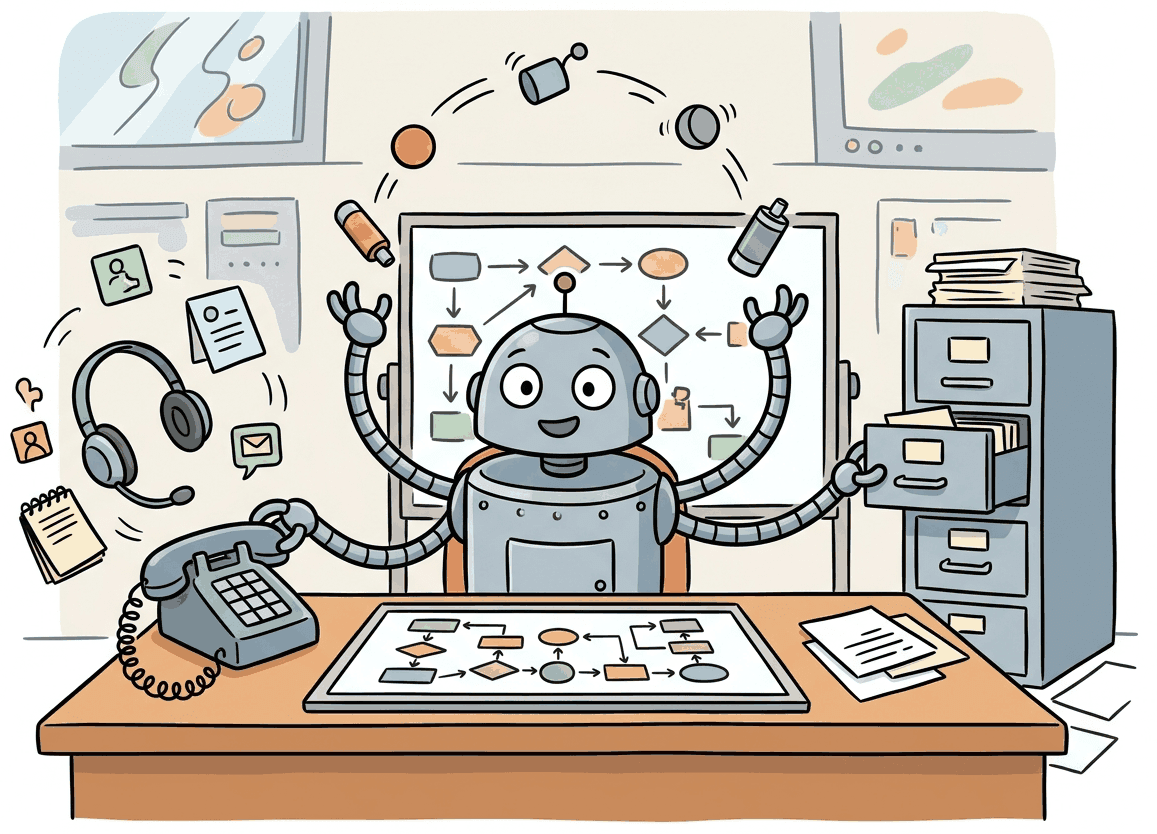 A control room with monitors and switches where an AI agent observes, plans, and executes actions in a closed-loop environment