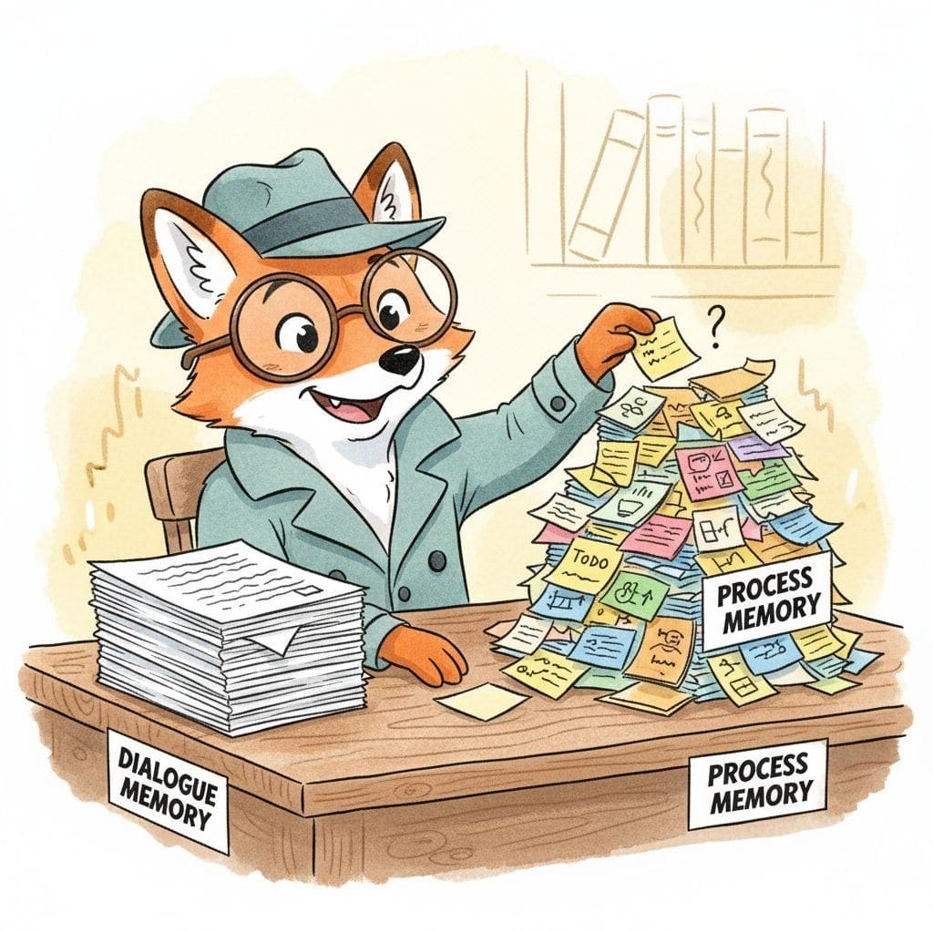 A cartoon agent sits at a wooden desk between two stacks: a tidy pile of printed transcripts labelled Dialogue Memory on the left, and a chaotic heap of sticky notes, todo lists, and receipts labelled Process Memory on the right, from which it plucks a single note.