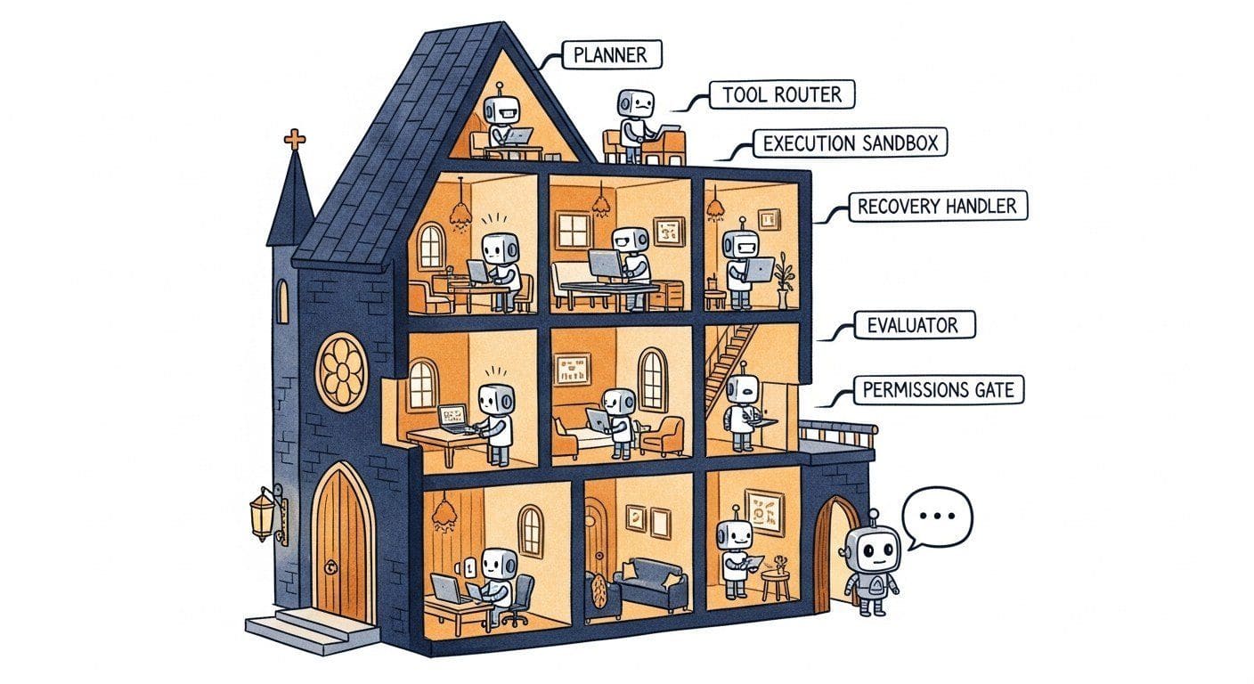 A cartoon cross-section of a small cathedral. Eight friendly robot workers tend distinct rooms labelled Planner, Tool Router, Memory Manager, Execution Sandbox, Evaluator, Recovery Handler, Permissions Gate, Cost Controller. A small chatbot avatar peeks out only at the front door