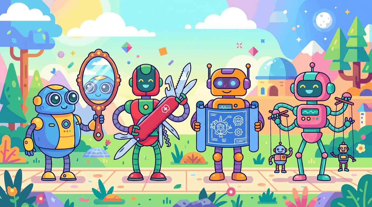 Four cartoon robots each holding a symbolic tool representing the four agentic design patterns: reflection, tool use, planning, and multi-agent collaboration