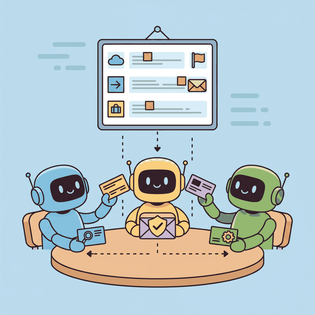 Three friendly robots of different colors sitting around a round table, each holding a business card showing their specialty, passing structured message envelopes to each other with a shared task board floating above
