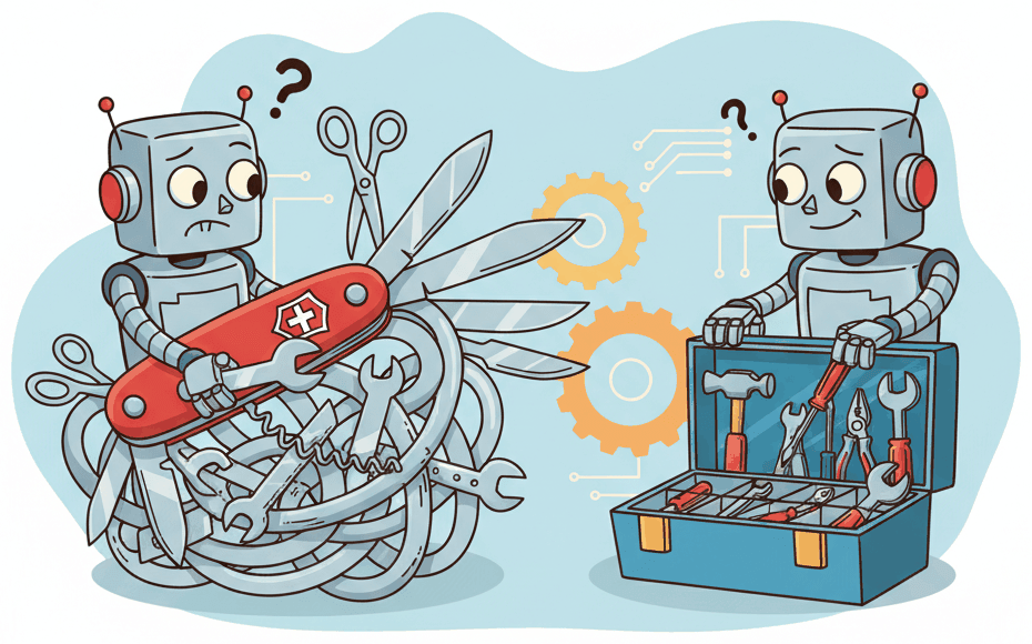 A humorous scene showing one robot struggling with a tangled Swiss Army knife while a second robot happily uses a well-organized toolbox with clearly separated compartments