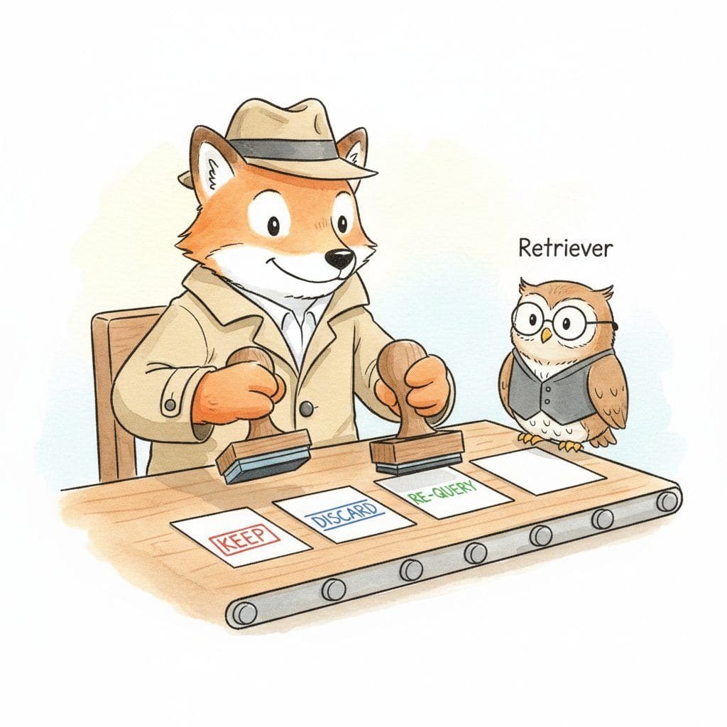 A cartoon agent at a desk receives five passage cards off a conveyor belt and stamps each one with a green KEEP, a red DISCARD, or a yellow RE-QUERY mark, while a librarian-bot labelled Retriever watches from behind the belt.