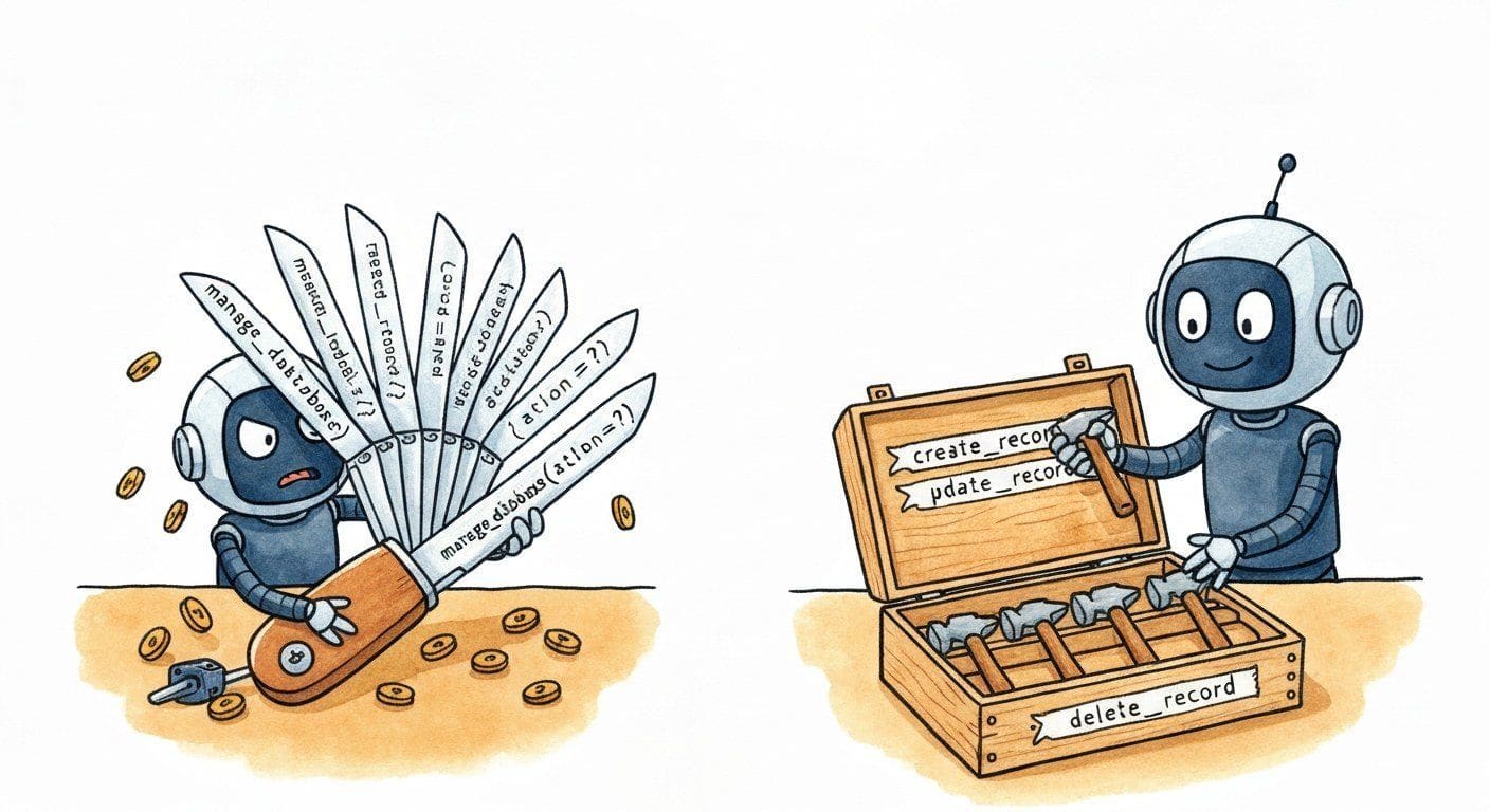 Two cartoon agent robots side by side. Left robot wrestles with a giant Swiss-army knife labelled manage_database with 14 blades unfolded in confusing directions. Right robot calmly picks one of four neatly labelled hammers create_record, get_record, update_record, delete_record from a compartmented toolbox