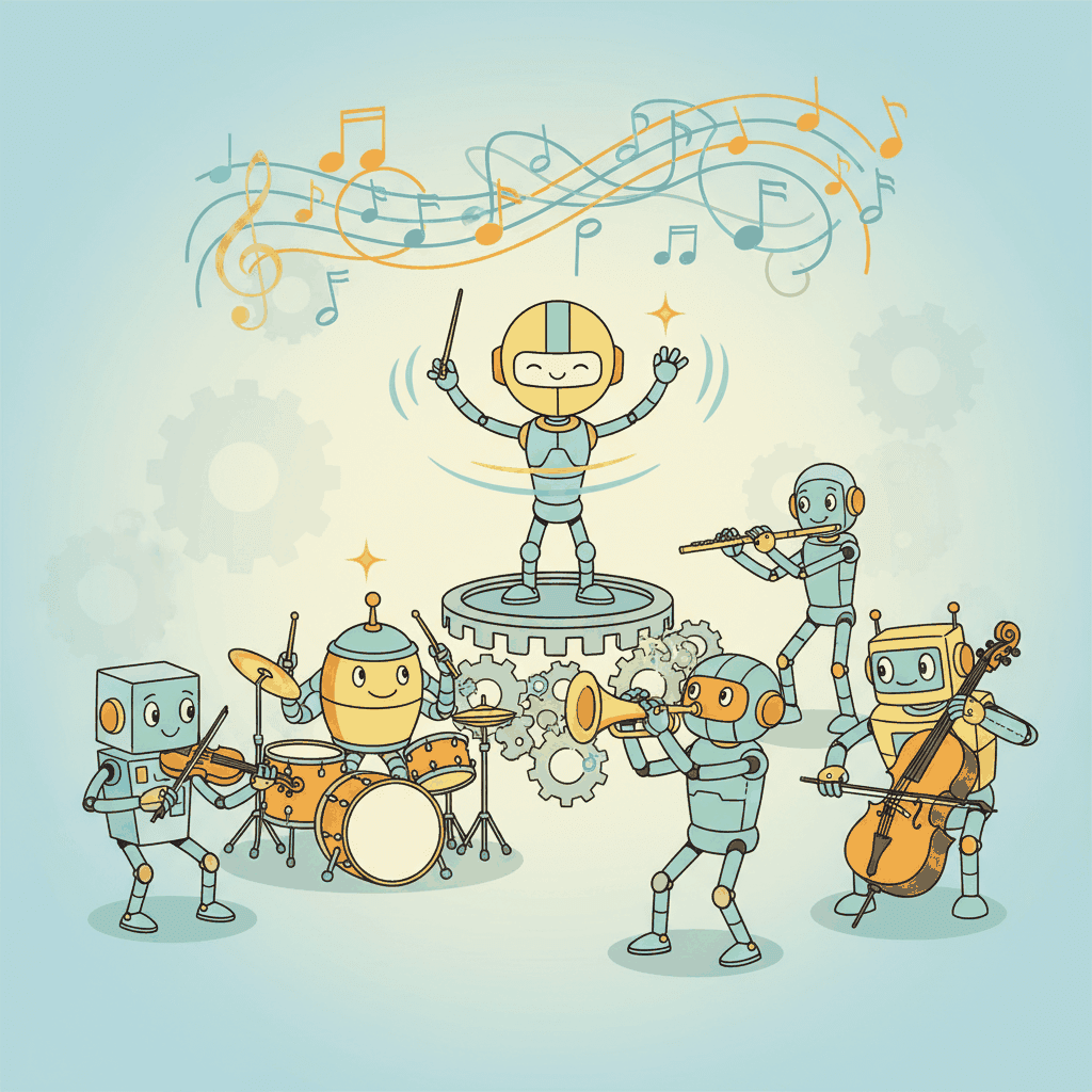 A cartoon orchestra of friendly robots each playing a different instrument, coordinated by a conductor robot on a podium, with musical notes forming a harmonious pattern in the air
