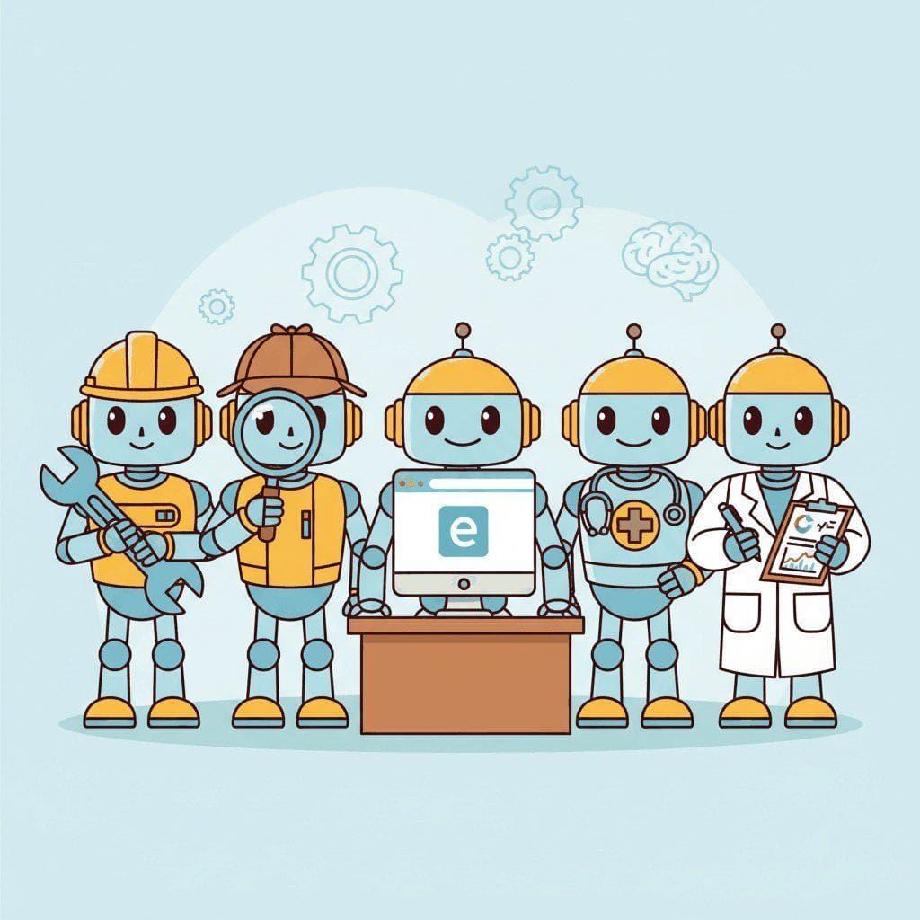 Five friendly specialist robots standing together in a team photo, each themed for a different domain: a hard hat with wrench for code.