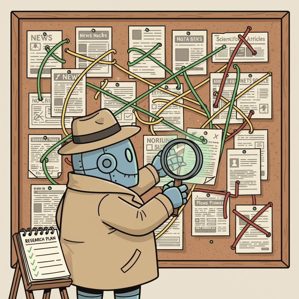 A robot detective in a trench coat and fedora, holding a magnifying glass and standing before a giant corkboard pinned with newspaper clippings and documents.