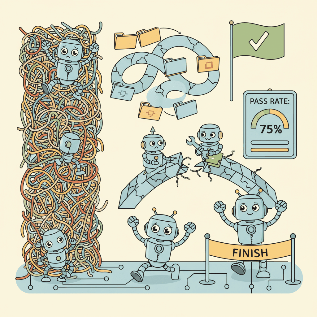 A friendly cartoon robot navigating a SWE-Bench style obstacle course with multiple challenge stations representing different test cases