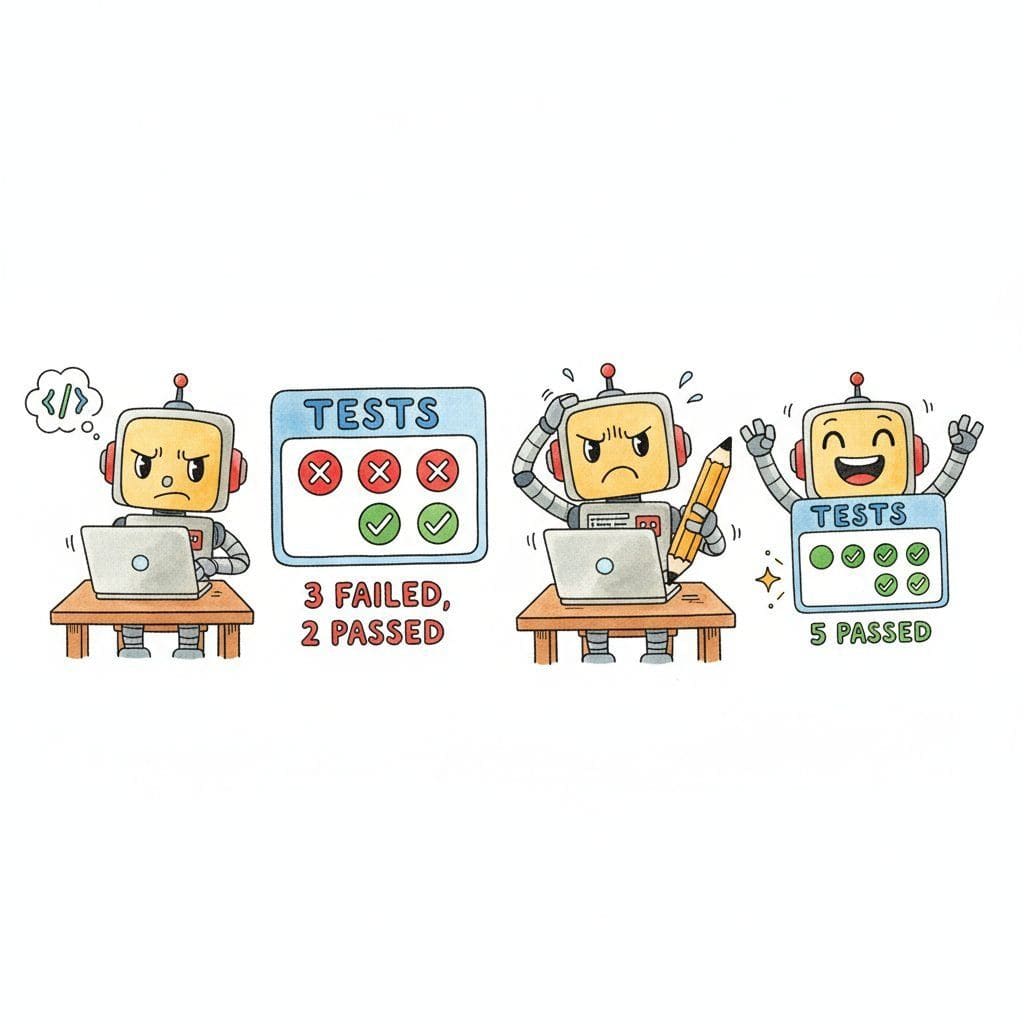 A four-panel cartoon strip of a robot debugging: in panel one it types code on a laptop, in panel two a test window shows three red and two green and the robot frowns, in panel three it scratches its head while editing, and in panel four all five tests are green and the robot lifts its arms in tiny triumph.